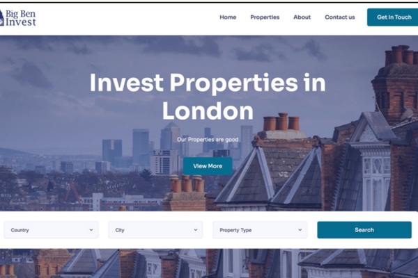 Big Ben Invest homepage, London property investment website with search filters