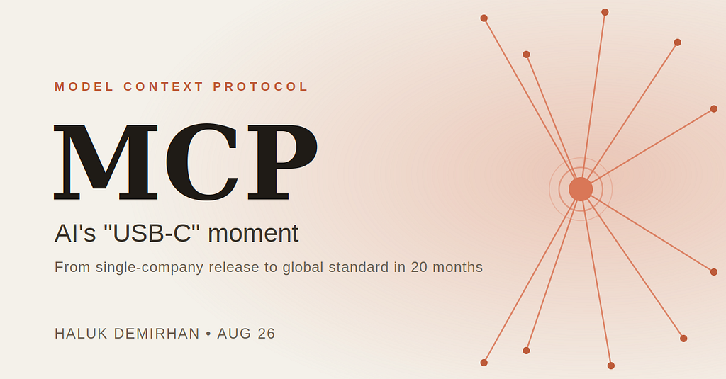 Title card: MCP, AI’s “USB-C” moment. From single-company release to global standard in 20 months.