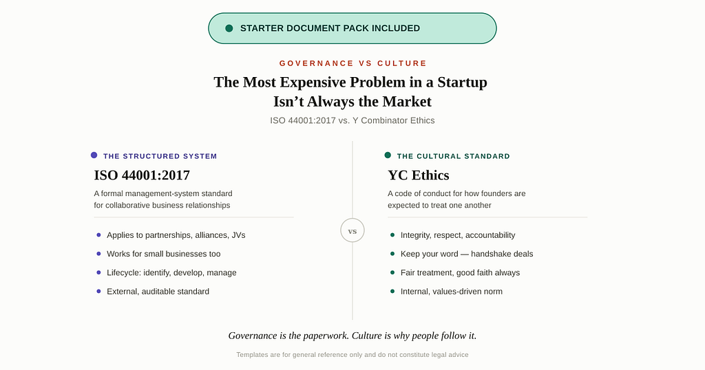 Governance versus culture: ISO 44001:2017, a formal standard for collaborative business relationships, next to YC Ethics, a code of conduct for how founders treat one another.